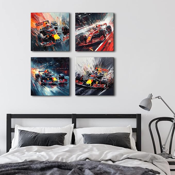 Abstract Supercar Wall Art for Man Cave Colorful Formular Car Pictures Cool Boys Bedroom Posters Black and White Cyberpunk Vehicle Canvas Prints Sport Artwork Playroom Office Home Decoration 16x16" 4P