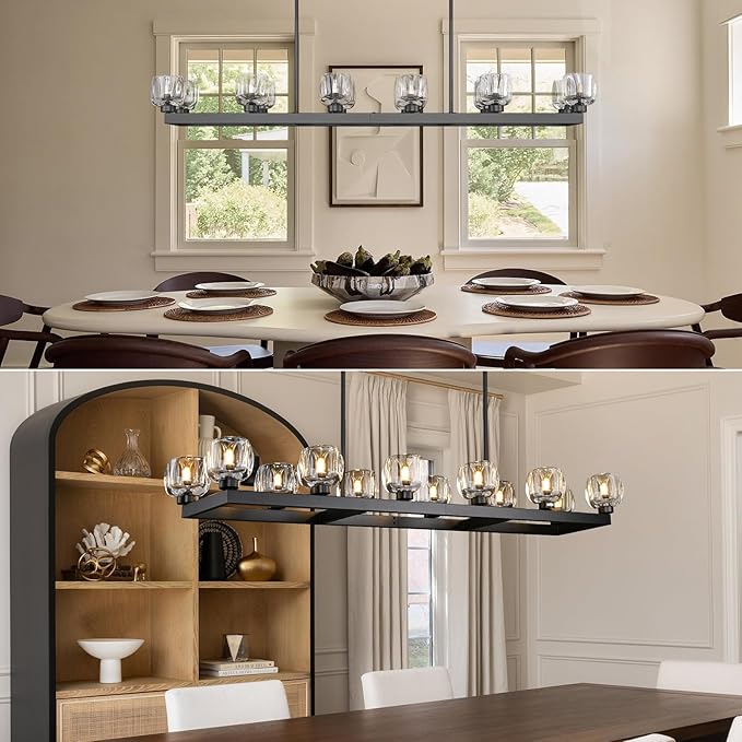 59 Inch Black Rectangle Wagon Wheel Chandeliers, Black Chandelier for Dining Room Over Table, Modern Crystal Long Chandelier, Farmhouse Large Linear Chandeliers for Kitchen Island