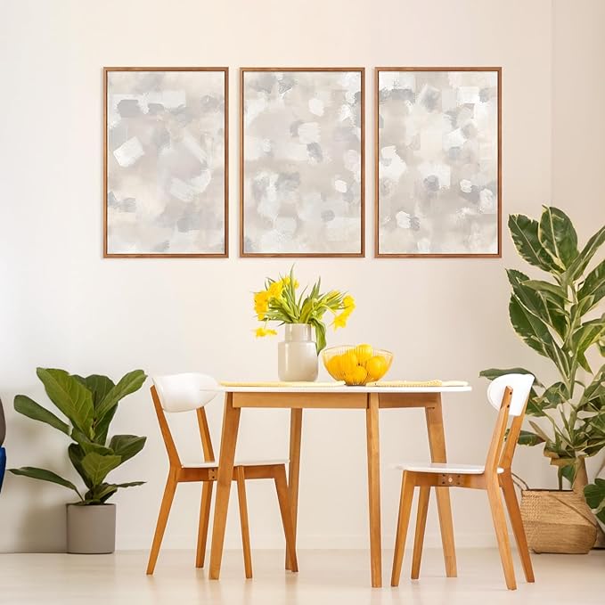 Abstract Gray Beige White Pastel Wall Art Set(16"x24"), 3 Pieces Neutral Geometric Strokes Shapes Illustration Framed Canvas Artwork, Large Mid Century Modern Minimalist Wall Decor for Office Bedroom Living Room