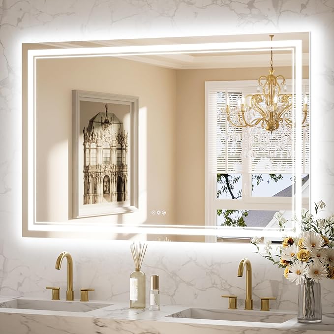 Keonjinn Bathroom LED Mirror 55" x 36" Front and Back Lights, Tempered Glass Stepless 3 Colors Temperature & Dimmable Large Wall Mirror, UL Listed LED Driver, Double Lighted Anti-Fog LED Vanity Mirror