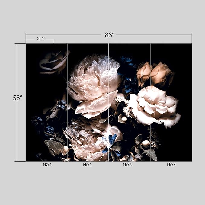 Black Peony Floral Wallpaper Peel and Stick Wall Mural for Bedroom Living Room - 58"x86"