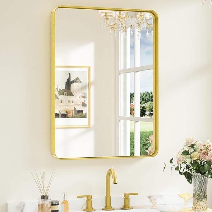 Keonjinn Gold Bathroom Mirrors for Over Sink, 22” x 30” Rounded Rectangle Brushed Gold Vanity Mirror, Anti-Rust Brass Mirror with HD Tempered Glass, Decorative Farmhouse Mirrors, Horizontal/Vertical