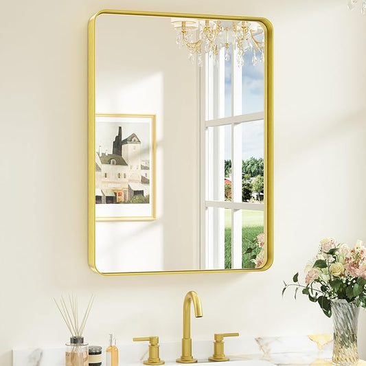 Keonjinn Gold Bathroom Mirrors for Over Sink, 22” x 30” Rounded Rectangle Brushed Gold Vanity Mirror, Anti-Rust Brass Mirror with HD Tempered Glass, Decorative Farmhouse Mirrors, Horizontal/Vertical