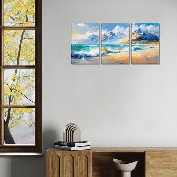 MAMAGO 3 Panels Blue Ocean Canvas Wall Decor Oil Painting Style Ocean Waves Print Picture Abstract Seascape Artwork for Living Room Bedroom Bathroom Modern Wall Art Framed Easy to Hang-12”x16”x3pcs