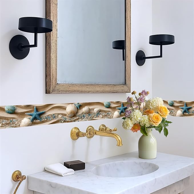 Beach Seashell Wallpaper Border 196x4 Inch Peel and Stick Wall Border Self Adhesive Ocean Starfish Removable Vinyl Trim for Living Room Bedroom Bathroom Kitchen Cabinet Decoration