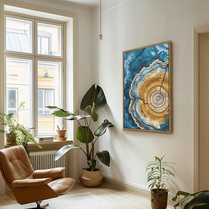 BingruiArt Large Framed Tree Ring Wall Art Wood Canvas Colorful Boho Wall Decor Rustic Artwork Abstract Painting Farmhouse Picture Nature Print for Living Room Bedroom Bathroom 24"x36" Natural Framed(07)