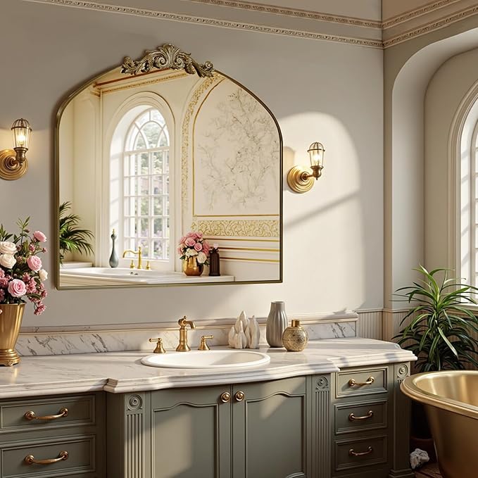 MISSDAY Vintage Arched Baroque Mirror for Wall, 36"X30" Antique Wall Mirror with Elegant Carving Top, Full Metal Frame Wall-Mounted Mirror for Bathroom, Living Room, Fireplace, Entryway, Retro Bronze