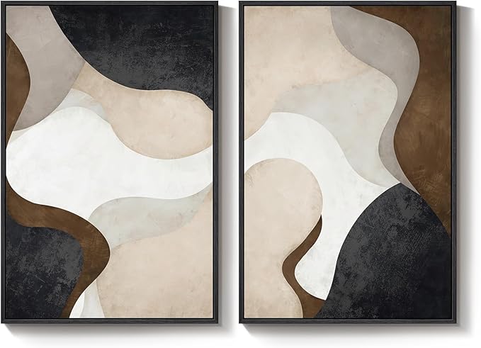Large Framed Neutral Abstract Minimalist Wall Art Set of 2, Modern Canvas Prints Paintings Artwork for Walls, Black Beige Brown Abstract Art Pictures for Living Room Dining Bedroom Wall Decor 24x36 In