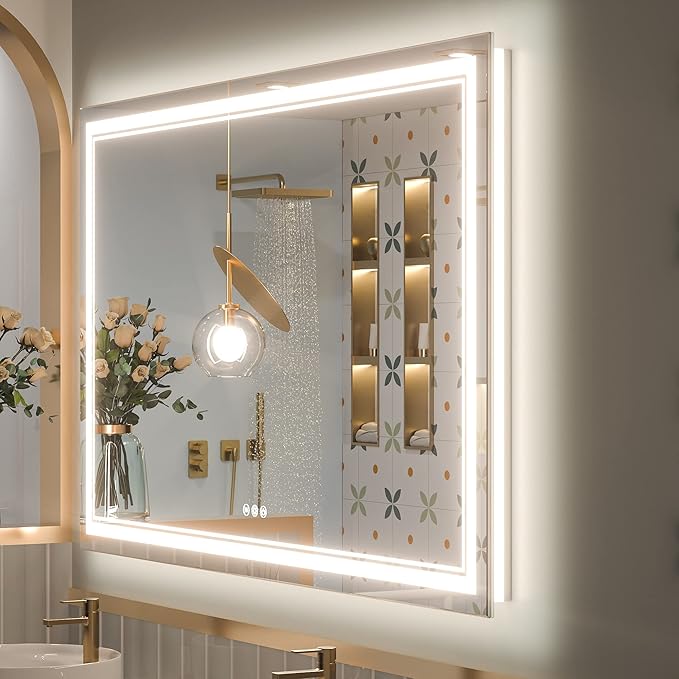 Keonjinn LED Bathroom Mirror 60" x 36" with Frontlit and Backlit, Tempered Glass Stepless 3 Colors Temperature & Dimmable Large Vanity Mirror, UL Listed LED Driver, Double Lights Anti-Fog Wall Mirror