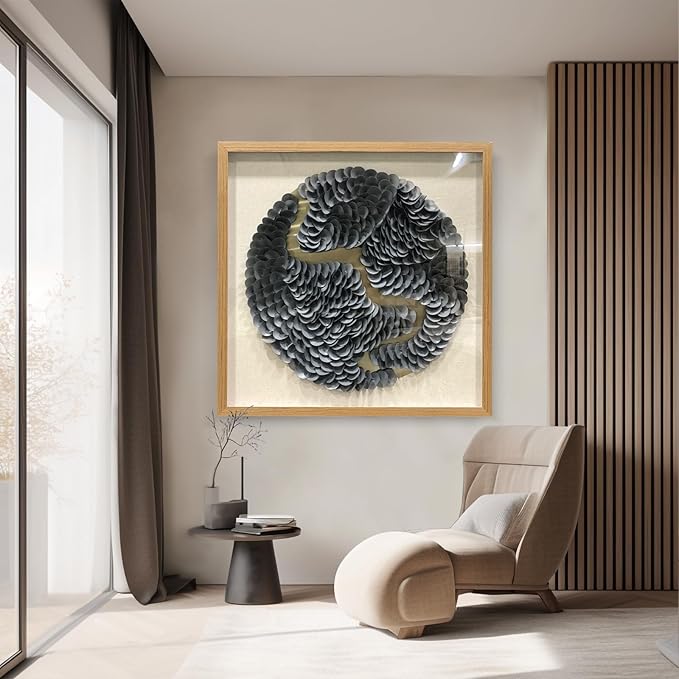 BrightA Black circular leather wall sculpture, wall art piece, large-scale wall decoration, 3D artwork, minimalist layered circular design, acrylic glass solid wood frame, contemporary office decoration item 31.5"x31.5"
