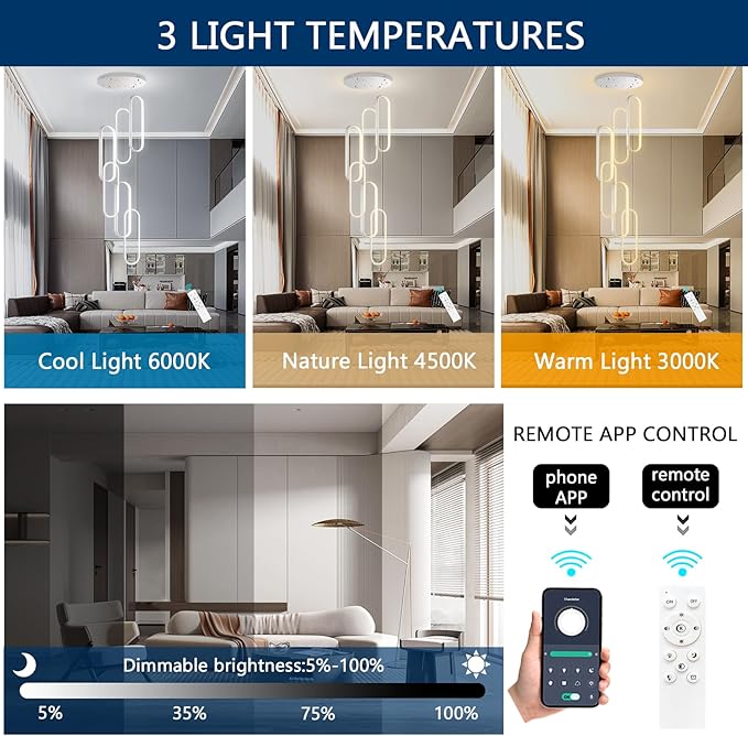 6 Rings Modern Chandelier LED Dimmable Pendant Lighting High Ceiling Chandelier for Entrance Foyer Lobby Living Room Staircaes Sliver 78.7''