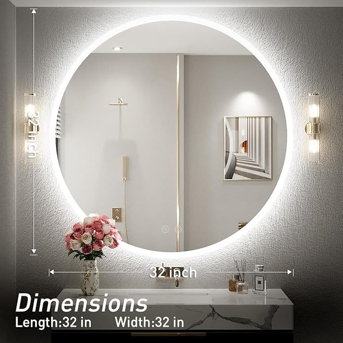 32 Inch Round LED Bathroom Mirror - 6000K Daylight Backlit, Anti-Fog & Dimmable, Frameless Waterproof Mirror with Touch Control, CRI90+, IP54 for Vanity & Makeup