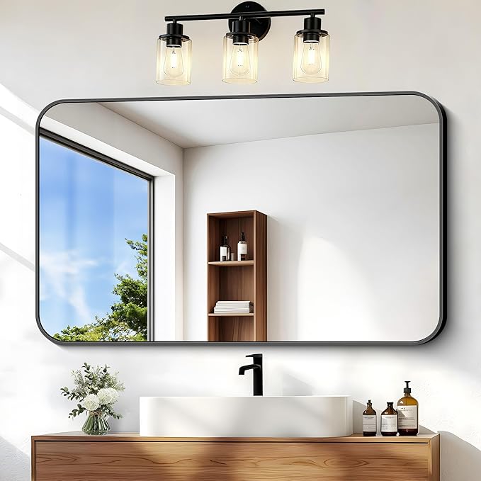 BONEWEI 24x40 inch Bathroom Mirror,Black Rectangle Mirror,Wall Mounted Bathroom Frame Vanity Mirror with Round Corner for Bedroom Living Room,Entryway Hangs Horizontal or Vertical