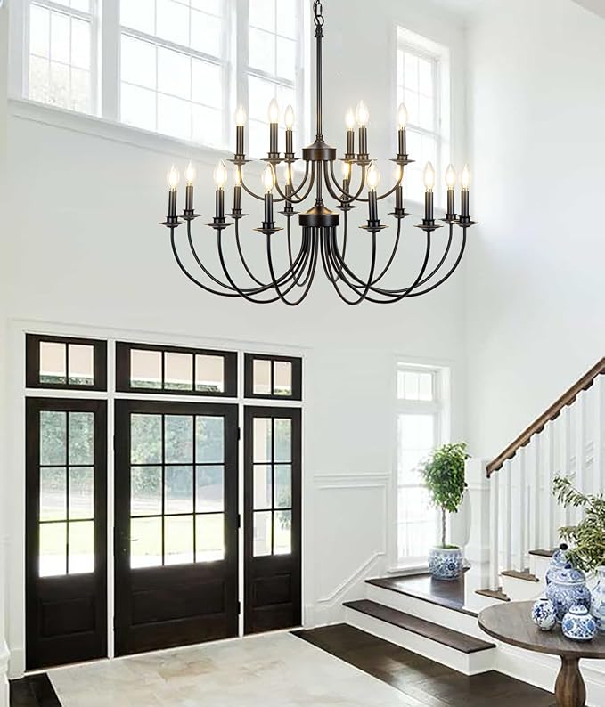 18-Light 2-Tier Black Farmhouse Vintage Chandelier, Retro Farmhouse Country Style Industrial Large Round Pendant Light Fixture