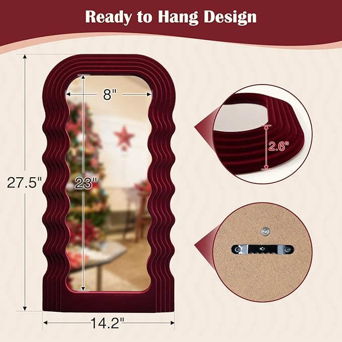 Mirror Wall Decor for Vintage Living Room Bedroom, 14x28 Asymmetrical Decorative Mirror for Entryway Porch Staircase, Retro Modern Hanging Wall Art Gift for Grandma Mom Sister (Wine Red)