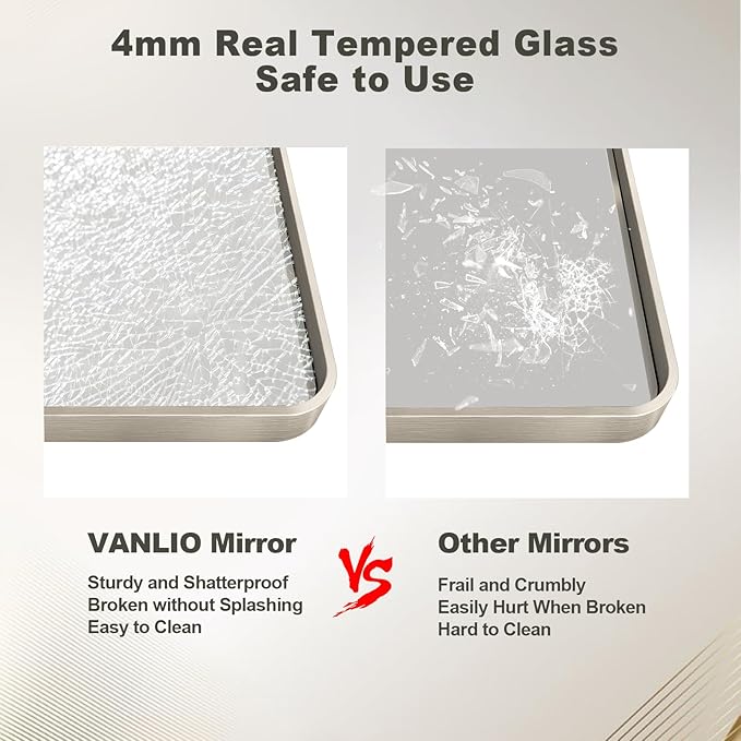 60x36 Inch Brushed Nickel Bathroom Mirror, Large Brushed Silver Metal Framed Wall Mirror, Rounded Corner Rectangle Modern Vanity Mirror, Tempered Glass, Anti-Rust, Shatterproof (Horizontal/Vertical)