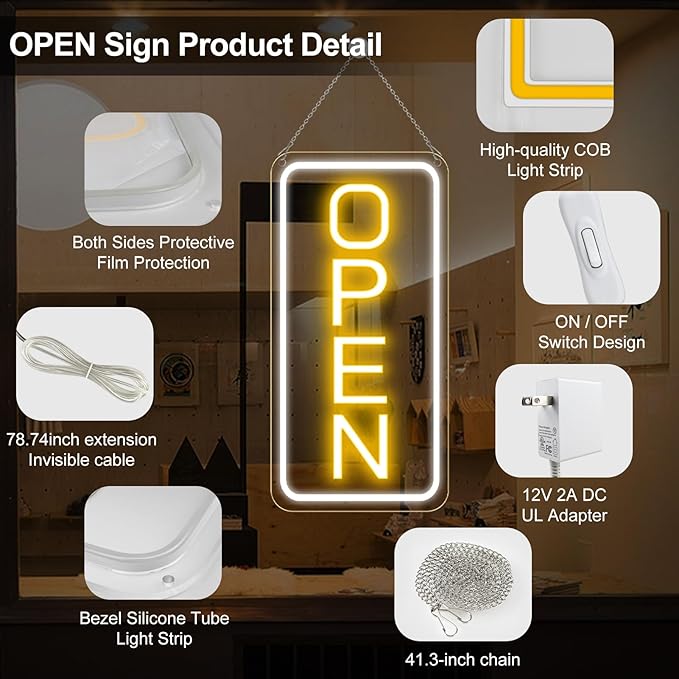 22.8"x 11.8" Ultra Bright 12V Neon Open Sign for Business, LED Open Neon Sign, Electric Light up Signs for Stores, Restaurants Offices Retail Shops Window (Yellow-White-Vertical)