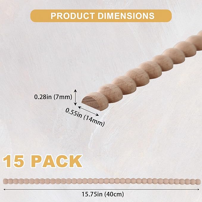 15-Pack 15.75" Unfinished Wood Beaded Trim - Easy to Paint, Cute Decorative Molding DIY Craft for Furniture Frame, Mirror Edge, Wall, Door, Closet, Dresser, Shelf