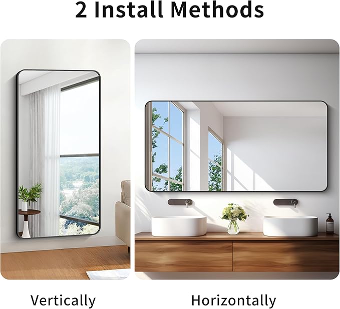 BONEWEI 30x60 inch Bathroom Mirror,Black Rectangle Mirror,Wall Mounted Bathroom Frame Vanity Mirror with Round Corner for Bedroom Living Room, Entryway Hangs Horizontal or Vertical
