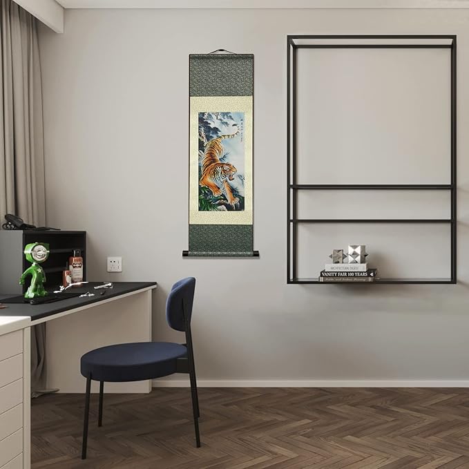 AtfArt Asian Wall Decor - Beautiful Silk Painting Animal - Tiger King Deterrence - Oriental Decor Chinese Art Wall Scroll (36.2 x 12 in)