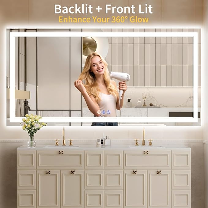 36"x72" LED Bathroom Mirror with Lights, Anti-Fog, Backlit + Front Lit, Dimmable, Led Vanity Mirror for Wall, Lighted Bathroom Mirror, 3 Colors, Shatter-Proof Tempered Glass
