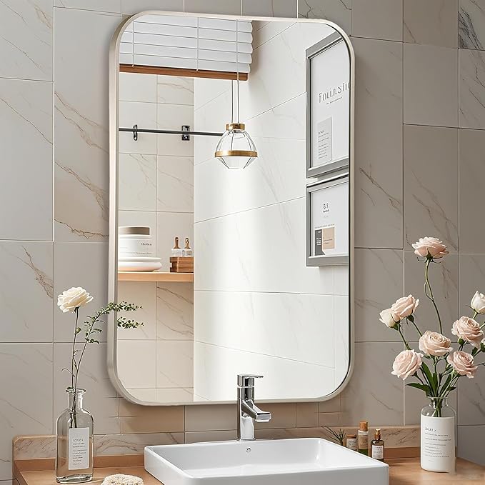 Brushed Nickel Mirror, 30x36 Inch Brushed Nickel Rectangle Mirror, Aluminum Alloy Framed Vanity Mirror, Rounded Rectangle Bathroom Mirror for Over Sink, Anti-Rust