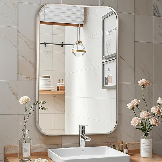 Brushed Nickel Mirror, 24x36 Inch Brushed Nickel Rectangle Mirror, Aluminum Alloy Framed Vanity Mirror, Rounded Rectangle Bathroom Mirror for Over Sink, Anti-Rust