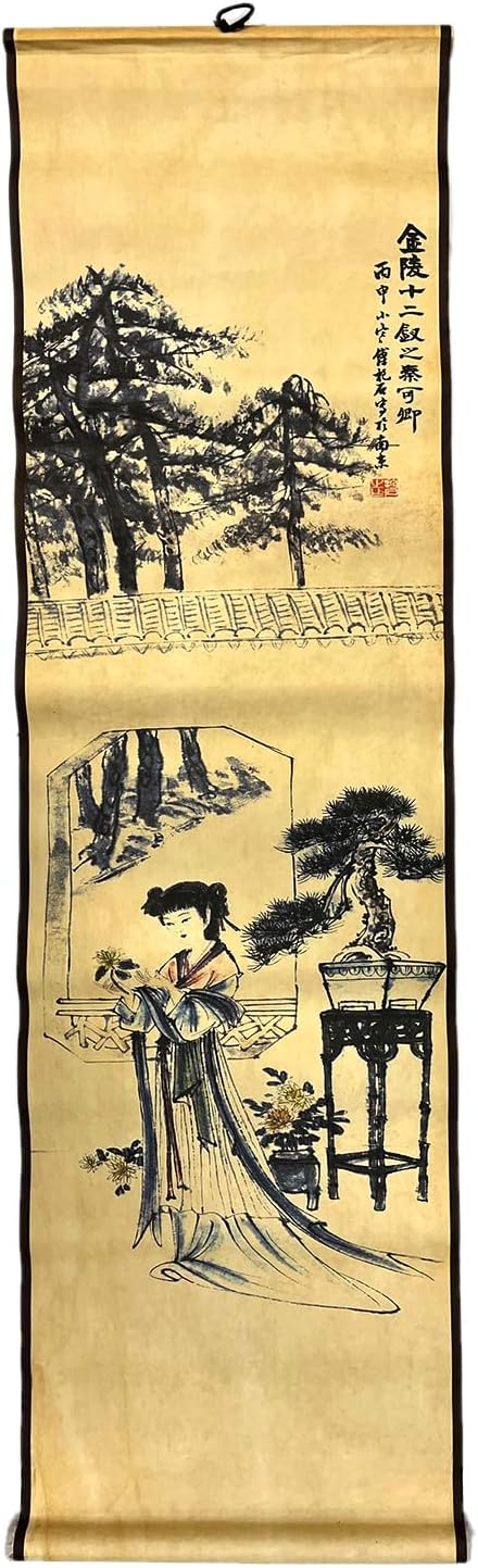 CIFIBIFUN Wall Asia Art Prints Posters Painting Chinese Vintage Style,4 Panels Scroll,Large Home Walls Dream of the Red Chamber (Light Old Aging Paper, a four beauty)