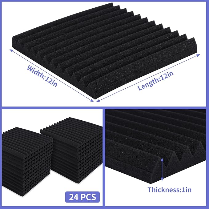24 Pack Acoustic Panels, 1" X 12" X 12" Acoustic Foam Panels, Sound Proof Foam Panels, Self-Adhesive Soundproof Wall Panels ,Fire-Proofed Soundproofing Wedges,Acoustic Treatment Foams for Home-Black