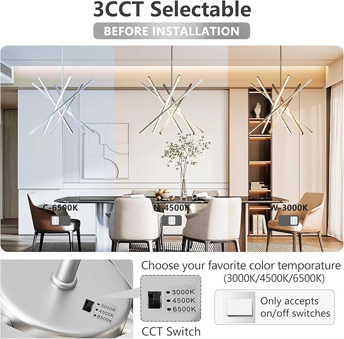 Modern Chandelier Light Fixtures - LED 6-Lights Silver Dining Room Linear Chandeliers Sputnik Pendant Lights Fixture Over Table 3000K 4500K 6000K Dimmable for Living Room Kitchen Island