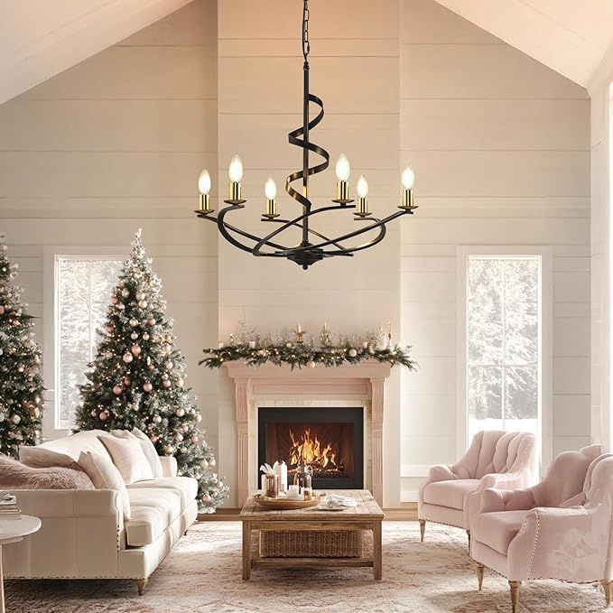 Black and Gold Chandelier, 6-Light Farmhouse Chandeliers for Dining Room, Rustic Kitchen Island Lighting, Modern Chandelier for Living Room, Hanging Pendant Lights for Bedroom, Foyer, Staircase, Entry