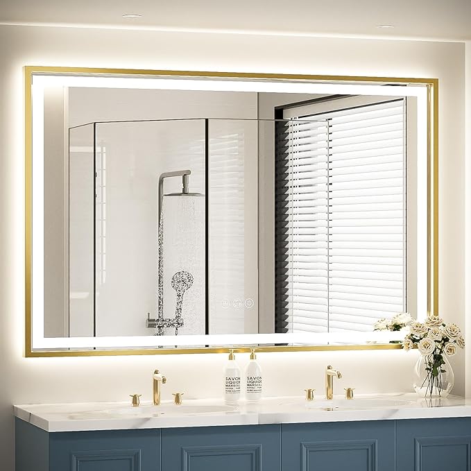 55X36 Inch Led Bathroom Mirror,Frontlit and Backlit Lighted Mirror,Gold Metal Frame Vanity Mirror for Wall,Double Lights Strips,Anti Fog Stepless 3 Colors Temperature & Dimmable