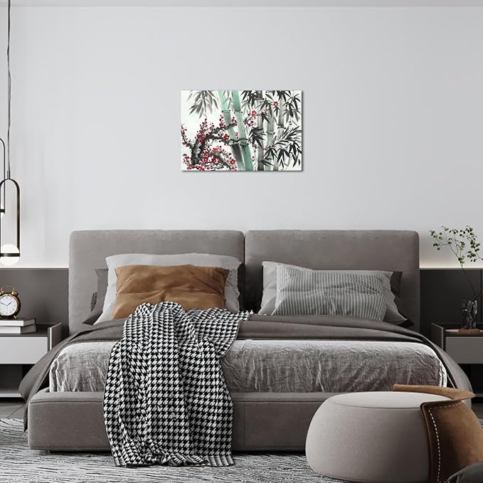 Canvbay Asian Canvas Wall Art Traditional Chinese Ink Style with Bamboo and Red Plum Blossom Painting Pictures Oriental Flower Print Poster Framed for Home Decor Living Room Bedroom 8x12inch