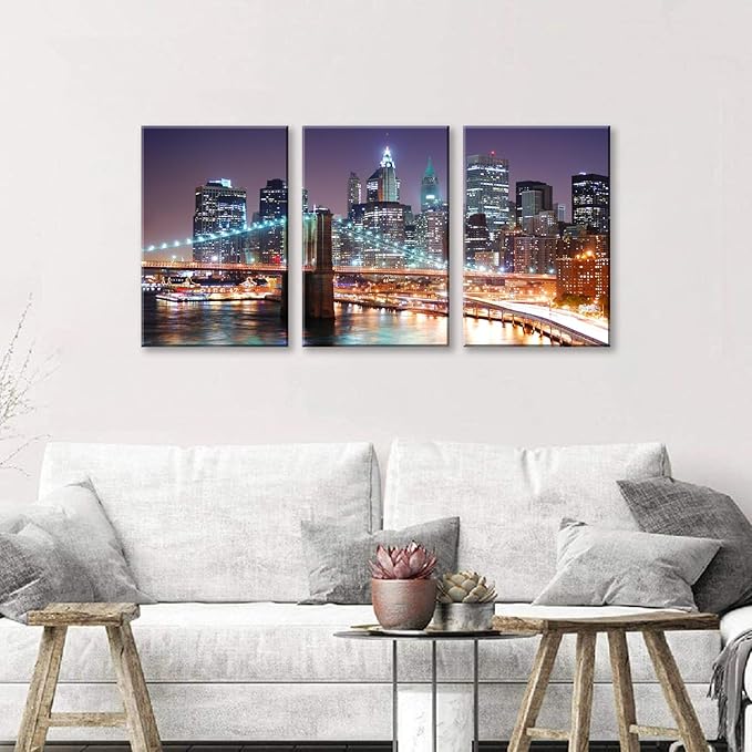 NAN Wind 3Pcs New York City Skyline Canvas Wall Art Brooklyn Bridge Night View Framed Wall Decor Blue Purple Manhattan Urban Cityscape Picture Canvas Artwork Modern Home Decor Living Room Office