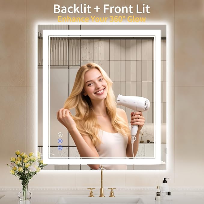 32"x36" LED Bathroom Mirror with Lights, Anti-Fog, Backlit + Front Lit, Dimmable, Led Vanity Mirror for Wall, Lighted Bathroom Mirror, 3 Colors, Shatter-Proof Tempered Glass