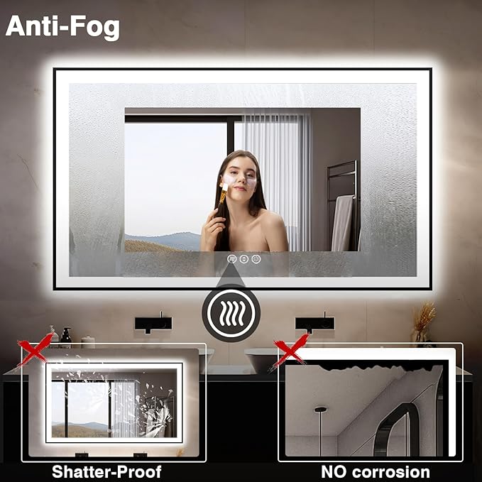 55x36 LED Bathroom Mirrors for Wall -Black Aluminum Trim (Front and Backlit), Anti-Fog Light Up Mirror,Stepless Dimmable Lighted Mirror,3 Colors Smart Mirror(Horizontal/Vertical)