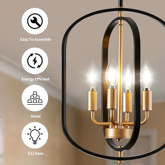 Black and Gold Chandelier Light Fixture, 4-Light Dining Room Chandelier Over Table Farmhouse Rustic Small Entryway Chandeliers Island Pendant Lights for Kitchen Entryway Foyer Living Room