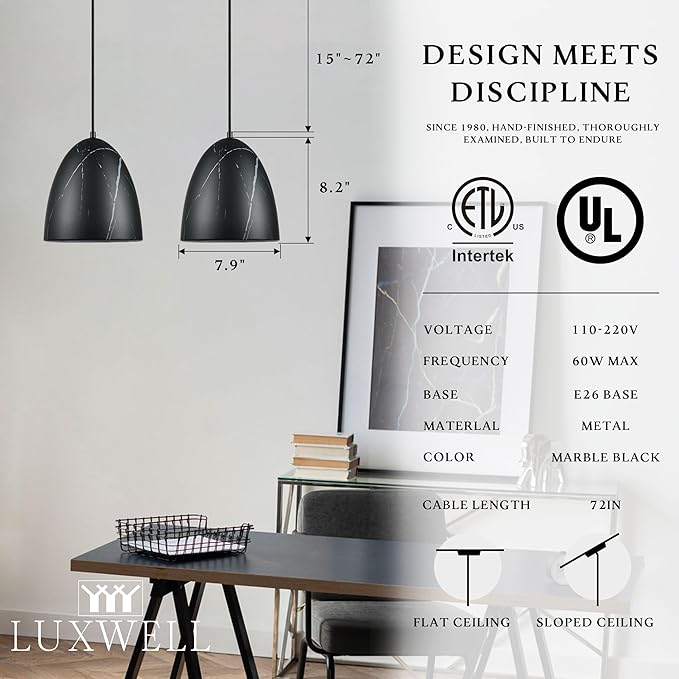 Modern Marble Pendant Light, 8.2"x7.9" Metal Hanging Light Fixture with Faux Black Stone Finish, 15"-72" Adjustable Line, E26 Socket for Office, Living Room, Dining Area – Midnight Stone