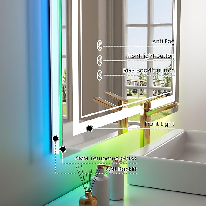48x28 inch LED Bathroom Mirror with RGB Lights, Color Changing Backlit Mirror, Shatterproof, Dimmable Anti-Fog, Lighted Vanity Mirror (RGB Multicolor Backlit + Adjustable Front-Lighted)