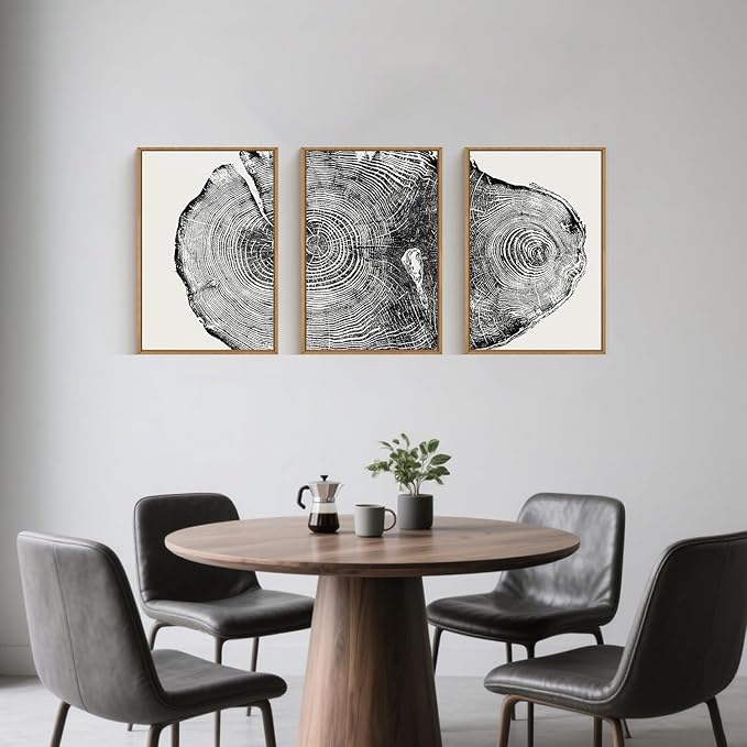 Large Vintage Tree Ring Framed Canvas Wall Art,Abstract Wood Stump Wall Decor,Neutral Annual Ring Artwork,Modern Black and White Art Print for Living Room,Bedroom,Office- 24"x36"x3