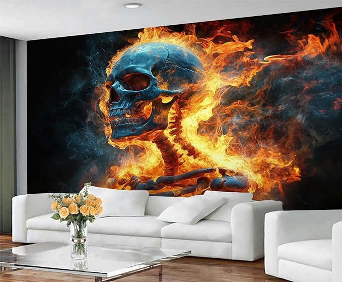 Blue Skull Wall Murals, Orange-Red Flame Mural Wallpaper, Dark Gradient Wall Decor, Skeleton Mural for Bedroom, Fantasy Dark Wallpaper for Living Room 137"（W） x 102"（H）