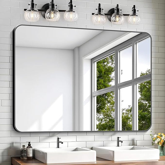 KOCUUY Black Bathroom Mirror 48"x36", Large Vanity Mirror with Rounded Corner, Metal Black Frame with Mordern Design for Bathroom, Living Room, Entryway, Hang Horizontal/Vertical