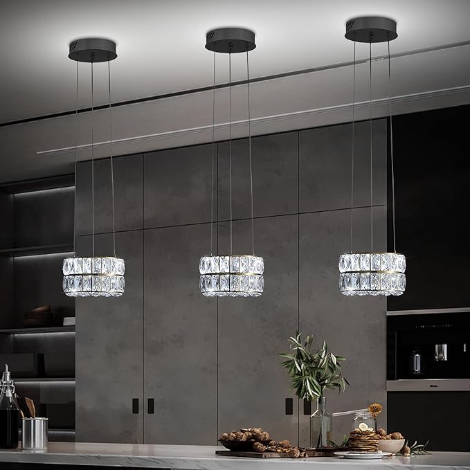 Led Ring Crystal Chandelier, Modern Dimmable Chandeliers Lighting and Hanging Adjustable 7.8'' Black LED Round Ceiling Light Fixtures for Dining Room Living Room