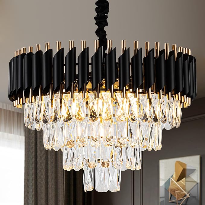 20.5" 7-Light Modern Crystal Chandelier Light Fixtures 4-Tier Black Gold Luxury Chandeliers for Dining Room Round Hanging Pendant Lighting for Living Room Kitchen Entryway Bedroom Hallway