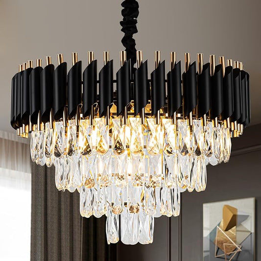 20.5" 7-Light Modern Crystal Chandelier Light Fixtures 4-Tier Black Gold Luxury Chandeliers for Dining Room Round Hanging Pendant Lighting for Living Room Kitchen Entryway Bedroom Hallway