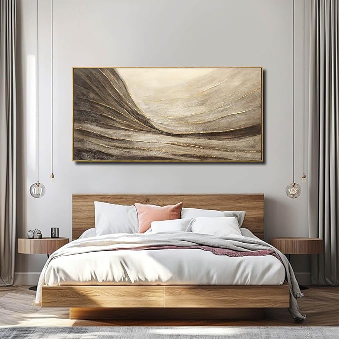 Modern Abstract Wall Art with Frame Brown and Grey Painting Wave Poster Line Canvas for Living Room Bedroom Textured Home Decor 24x48 Inch