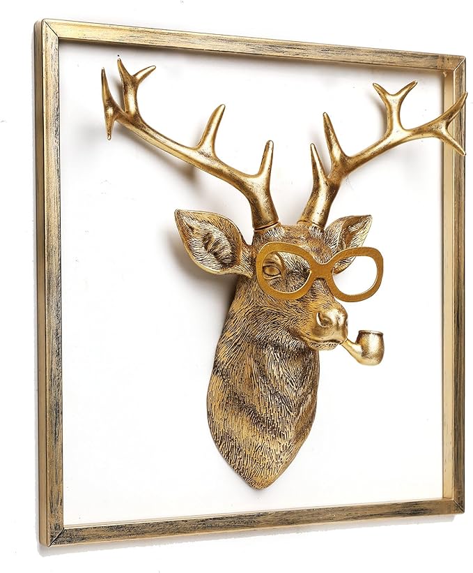 Newinhome Animal Heads Wall Decor (Includes Metal Frame) Resin Animals Sculptures Head Wall Hanging Decoration Gold vintage Wall Sculpture for Living Room Bedroom Office(Deer)