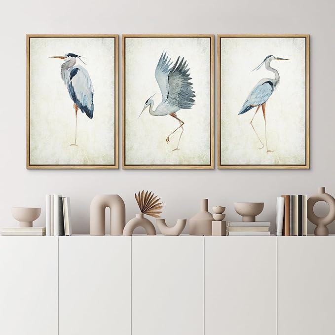 MUDECOR Framed Canvas Print Wall Art Heron Bird Wild Animal Prints Minimalist Modern Art Boho Relax Cozy Decor for Bedroom - 24"x36"x3 Natural