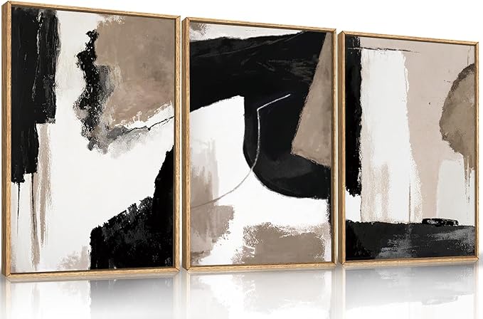 Large Modern Abstract Framed Canvas Wall Art Set, Neutral Black and Beige Color Block Wall Decor,Minimalist Pastel Tan Art Printing for Living Room,Bedroom,Office-16 x24 x3