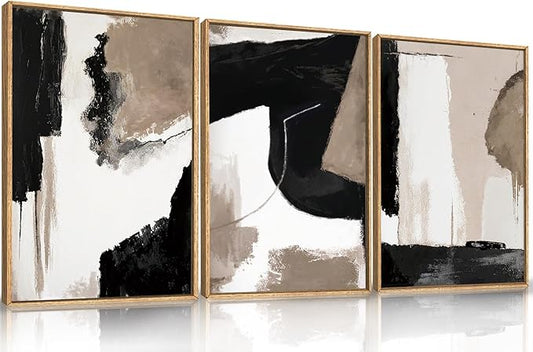 Large Modern Abstract Framed Canvas Wall Art Set, Neutral Black and Beige Color Block Wall Decor,Minimalist Pastel Tan Art Printing for Living Room,Bedroom,Office-16 x24 x3